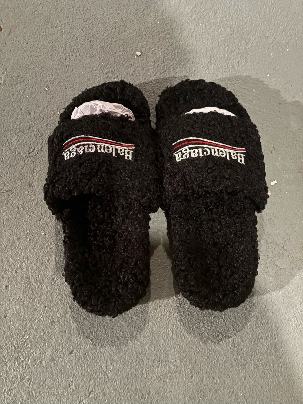 Balenciaga Black Sherpa Logo Slide Sandals with Red & White Accent - Picture 2 of 6